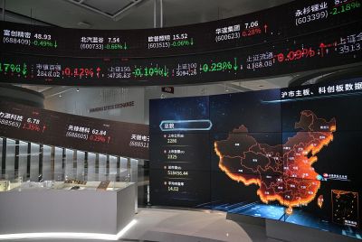 This photo shows a general view of screens diplaying financial