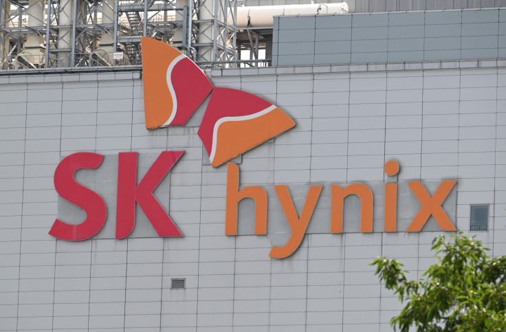 The logo of SK hynix is seen on the company's