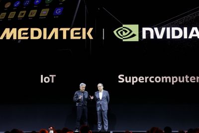 MediaTek CEO Rick Tsai (R) talks with Nvidia CEO Jensen