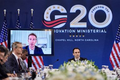 US-DIPLOMACY-INNOVATION-G20 Meta CEO Mark Zuckerberg, displayed on a screen, speaks